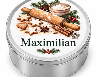 Lata de galletas navideñas personalizada con nombre, lata con diseño de acuarela, lata de galletas como regalo navideño personalizado para los amantes de la repostería.