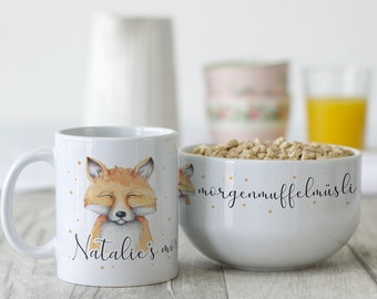 Frühstücksset mit Namen personalisiert, Geschenk-Geschirrset zum Geburtstag / Weihnachten, Müslischale, Tasse 3 teiliges Geschenkset