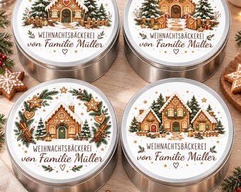 Personalised Christmas cookie tin with custom text, four gingerbread designs, round biscuit storage tin, gift for families and baking lovers