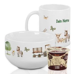 Frühstücksset Kinder mit Namen personalisiert, Geschirrset zum Geburtstag, Müslischale, Tasse 3teilig Geschenkset Bauernhof Tiere Trecker