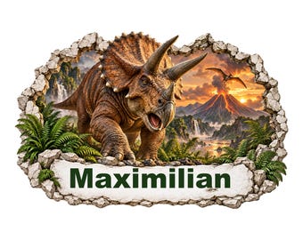 Vinilo decorativo de dinosaurio personalizado con nombre, Triceratops en el volcán, vinilo para la habitación infantil, regalo para los fans de los dinosaurios.