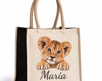 Personalised animal shopping tote bag with name, cotton and jute, 17 litre shopper, birthday gift for animal lovers, daily market carry bag