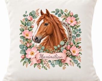 Funda de almohada personalizada con diseño de caballos y nombre, 40 x 40 cm, caballos y flores en acuarela, regalo para amantes de los caballos, habitación infantil, sin relleno.