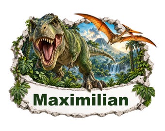Vinilo decorativo de dinosaurio personalizado con nombre, T-Rex en la jungla, vinilo para habitación infantil, regalo para fans de los dinosaurios.