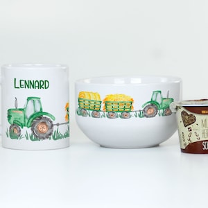 Coffret petit déjeuner enfant personnalisé avec prénom, cadeau anniversaire service vaisselle, bol céréales, tasse coffret cadeau 3 pièces, tracteur image 4