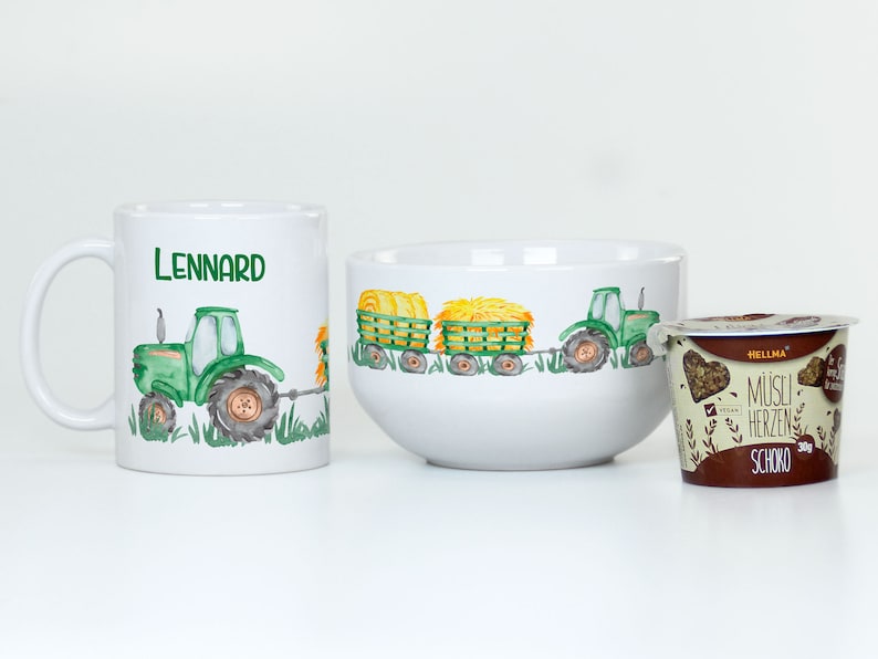 Coffret petit déjeuner enfant personnalisé avec prénom, cadeau anniversaire service vaisselle, bol céréales, tasse coffret cadeau 3 pièces, tracteur image 4