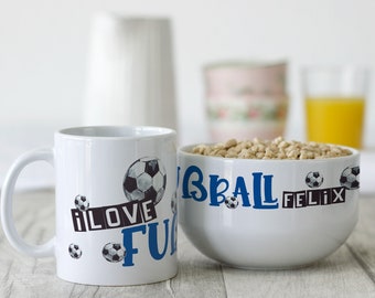 Frühstücksset Kinder mit Namen personalisiert, Geschenk-Geschirrset zum Geburtstag, Müslischale, Tasse 3teiliges Geschenkset, I love Fußball