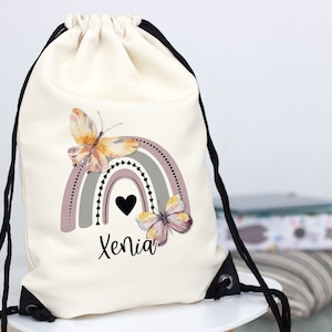 Turnbeutel Kinder personalisiert mit Namen- Regenbogen Schmetterlinge - Sportbeutel für Mädchen, Rucksack Wäschebeutel