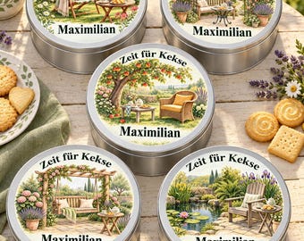 Personalised retirement biscuit tin with name, five peaceful garden designs, farewell gift for colleagues and garden lovers, tin, 19 cm
