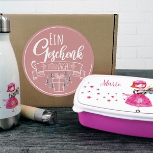 Geschenk zur Einschulung Trinkflasche mit Brotdose Mädchen in Paris, personalisiert mit Name, Geburtstag Weihnachten ink. Verpackung