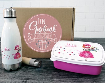 Gift box children drinking bottle with lunch box, girl in paris gift personalized Christmas, birthday enrollment for girls, set school