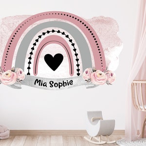 wall decal name rainbow pink girl heart flowers nursery baby room, personalized gift birthday, wall sticker sticker