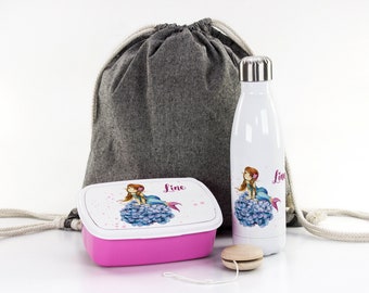 Gift set for school, personalized with desired name, motif mermaid with flowers, bread box, drinking bottle and bag for school and daycare