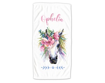 Serviette enfants personnalisée avec nom, licorne de cheval avec des fleurs pour les filles, serviette de bain câline serviette de plage, cadeau personnalisé