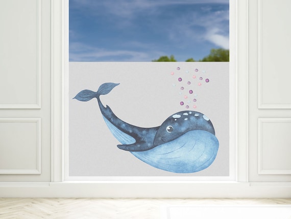 Fensterfolie Bad Wal Blauwal maritim, Sichtschutzfolie für Fenster, Dusche, Glas Blickdicht, Milchglasfolie, 57cm hoch, Sichtschutz