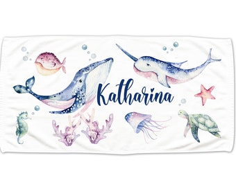Handtuch Kinder personalisiert mit Namen, Wale Delfine Meerestiere, kuscheliges Badetuch Duschtuch Strandtuch, Personalisiertes Geschenk