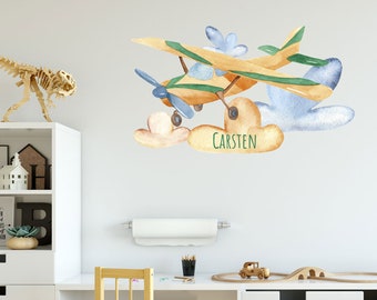 Wall decal boy name, Aircrafts, nursery baby room, personalized gift baby boy room watercolor gift birthday