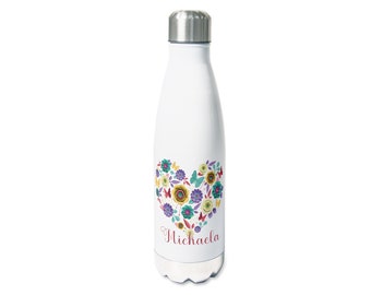 Personalisierte Trinkflasche für Frauen aus Edelstahl, 500ml, Motiv Blumenherz, Geschenk Geburtstag, Isolierflasche, Wunschname