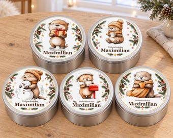 Lata de galletas navideñas personalizada con nombre y nutria, de metal, 19 cm, 5 diseños de acuarela, regalo para familiares y amigos.