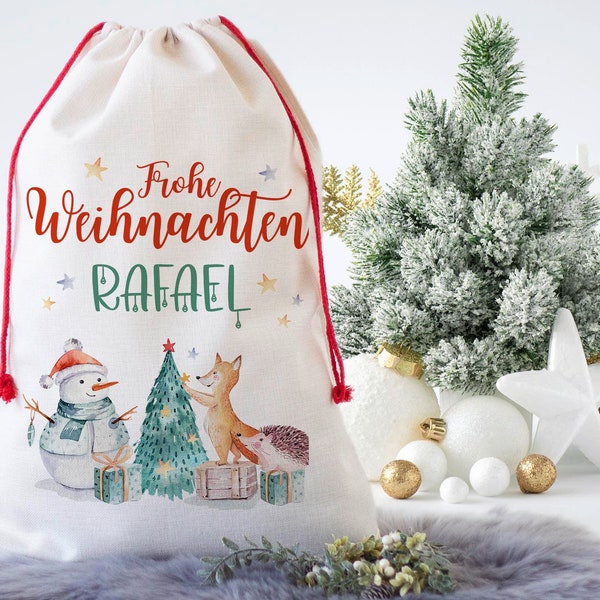 Personalisierter Santa Weihnachtssack extra groß, Nikolaussack mit Namen, Geschenkbeutel zu Weihnachten aus Leinen - Schneemann Fuchs