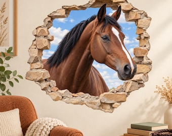 Vinilo decorativo de pared "Caballo rompiendo la pared", retratos realistas de caballos, 5 diseños en 4 tamaños, vinilo autoadhesivo, regalo para amantes de los caballos.