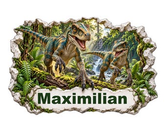 Vinilo decorativo de dinosaurios personalizado con nombre, rapaces en un bosque prehistórico, vinilo para la habitación infantil, regalo para los fans de los dinosaurios.