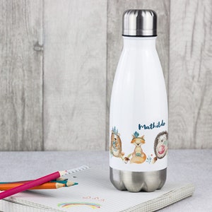 Trinkflasche Kinder, personalisiert mit Namen, Geschenk zur Einschulung Mädchen, Isolierflasche, Wasserflasche Schule Waldtiere Fuchs Igel Bild 6