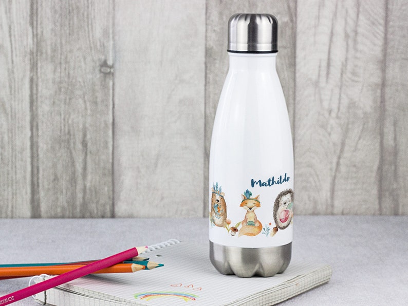 Trinkflasche Kinder, personalisiert mit Namen, Geschenk zur Einschulung Mädchen, Isolierflasche, Wasserflasche Schule Waldtiere Fuchs Igel Bild 6