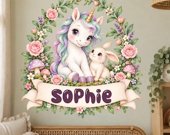 Vinilo decorativo de unicornio personalizado con nombre, arco de flores y conejito, adorable decoración infantil en tonos pastel, regalo ideal para nacimientos o bautizos.