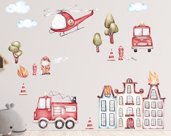 May include: A set of watercolor-style wall decals featuring a fire truck, a helicopter, a fireman, a building on fire, and other fire-themed elements. The decals are perfect for a child's bedroom or playroom.
