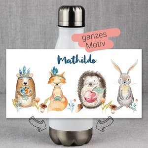 Trinkflasche Kinder, personalisiert mit Namen, Geschenk zur Einschulung Mädchen, Isolierflasche, Wasserflasche Schule Waldtiere Fuchs Igel Bild 2