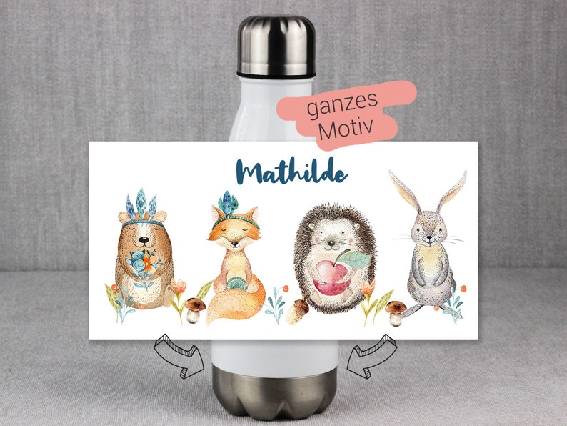 Trinkflasche Kinder, personalisiert mit Namen, Geschenk zur Einschulung Mädchen, Isolierflasche, Wasserflasche Schule Waldtiere Fuchs Igel Bild 2