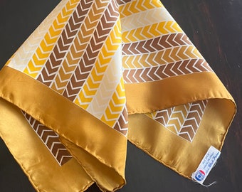 Vintage Block Freres hand rolled silk chevron pattern gold and tan silk scarf