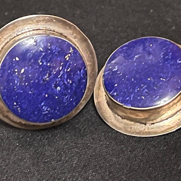 Vintage Calderon Atachi Taxco Mexico 925 sterling silver and lapis lazuli stone clip earrings