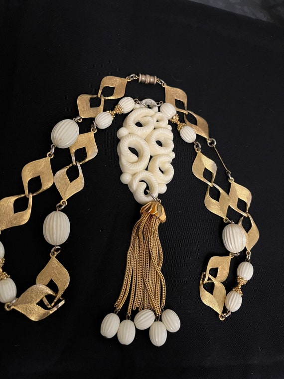 Vintage celluloid and gold tone tassel necklace- … - image 1