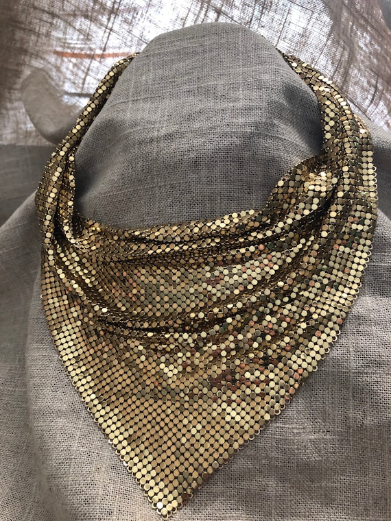 Vintage Whiting and Davis Gold Mesh bib necklace-