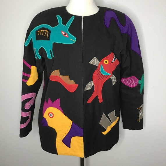 Vtg Mexican Designer Girasol Folk Art Jacket Appli