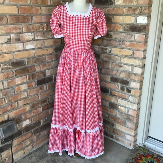 Vtg Handmade Red Gingham Dress Circle Skirt XS