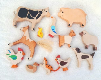 Ensemble d’animaux de ferme et d’animaux domestiques en bois, Jouets de ferme