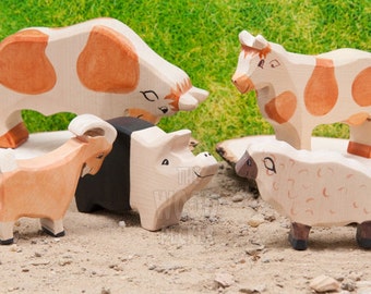 AUSVERKAUF! 20% Rabatt - GROßEs Holzspielzeug, Waldorf, BAUERNHOF Tiere, 5er Set, Bio Spielzeug, Schwein, Schaf, Kuh, Spielzeug für Kinder, Partyfavors für Jungen Mädchen