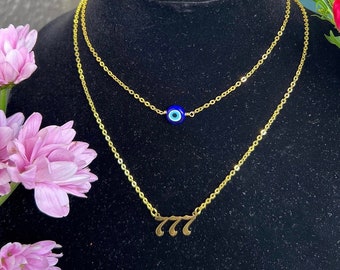 Collar doble con número angelical y ojo turco • Chapado en oro de 18k