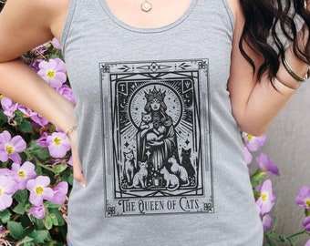 Queen of Cats Tarot Card Tank Top, Witchy Cat Lover Shirt