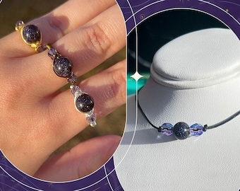 ACOTAR Ring & Choker Set • Starfall Ring • Velaris Necklace • Blue Goldstone Jewelry • ACOTAR Necklace • Bookish Jewelry Gift for Her •