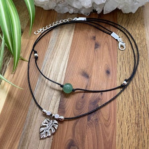 Monstera Leaf Choker Necklace, Plant Lover Healing Crystal Choker, Double Cord Necklace! Gift for Plant Lady, Plant Mom, Monstera Deliciosa