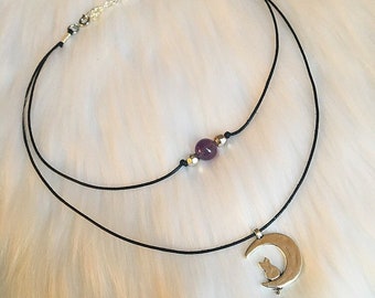 Cat & Moon Choker Necklace • Customizable Healing Crystal