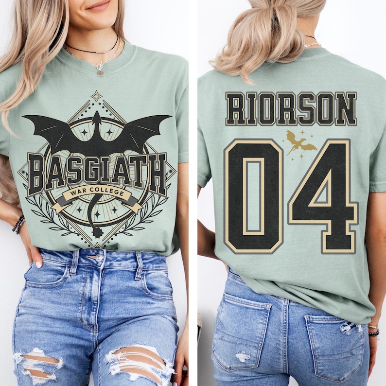 Basgiath War College fantasy t-shirt in Bay green, front features dragon wings and crest design, back shows Riorson 04 jersey style graphic, unisex fit bookish apparel.