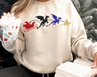 Sudadera navideña de Fourth Wing, suéter navideño de trineo de dragón, sudadera navideña de fantasía, camiseta de jinete de dragón, regalo para fans de Booktok