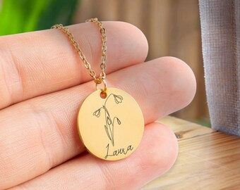 Personalized Birth Flower Necklace • Custom Name Engraved Jewelry • Birth Month Flower Necklace •  Mothers Day Gift • Bridesmaids Gifts