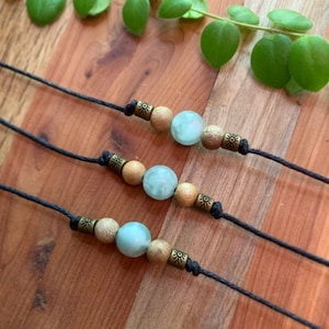 Green Angelite and Sandalwood Choker Necklace! • Boho Beaded Necklace • Minimalist Choker • Sandalwood Beaded Brass Necklace •