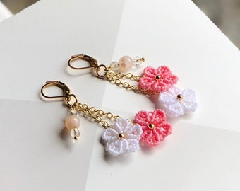 Natural Cherry Blossom Agate Macrame Earrings With Sakura, sakura agate, crystal earrings, dainty earrings, flower charm, 18k gold plated